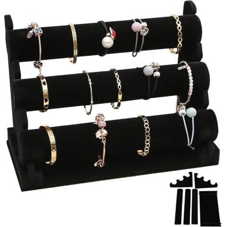 Présentoir à bracelets en velours avec 3 étages amovibles : présentoir noir pour bracelets et bijoux pour femmes et filles, porte-bijoux en velours, porte-bijoux pour bracelet, collier et