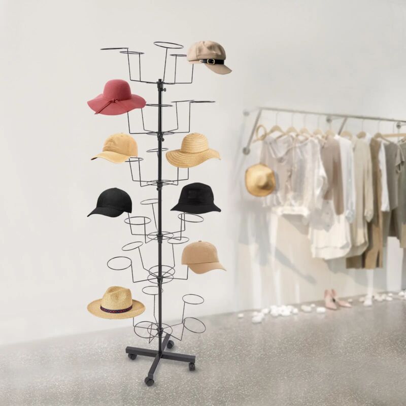 Présentoir à chapeaux à 6 niveaux, rotatif, Porte-chapeaux en métal avec roues pour la vente au détail, avec porte-chapeaux réglables, pour la