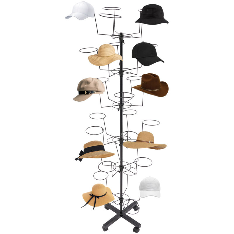 Présentoir à chapeaux à 6 niveaux, support rotatif à 30 crochets avec roulettes verrouillables, organiseur commercial réglable pour casquettes,