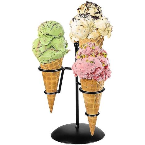 Présentoir à cornets de glace en fer noir avec base à 3 trous pour présenter granités, sushis, rouleaux de printemps, popcorn, bonbons, frites, sucreries et amuse-gueules salés.