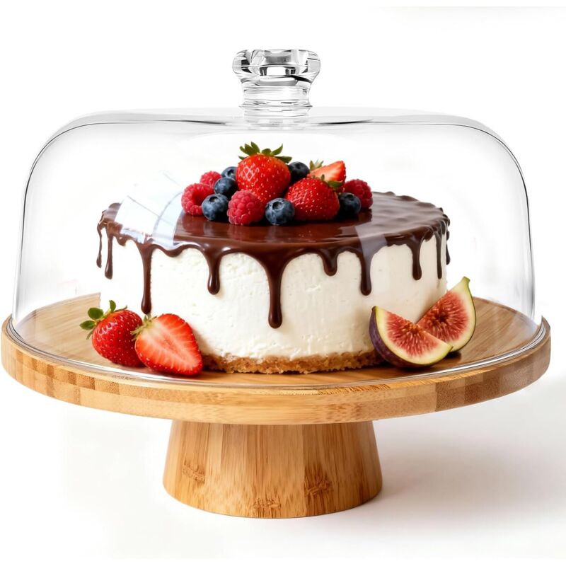 Présentoir à Gâteau Sur Pied avec Couvercle, 6in1 Cloche à Gâteaux Multifonctionelle, Support Gâteau en Bois Rotatif pour Pâtisserie/Desserts