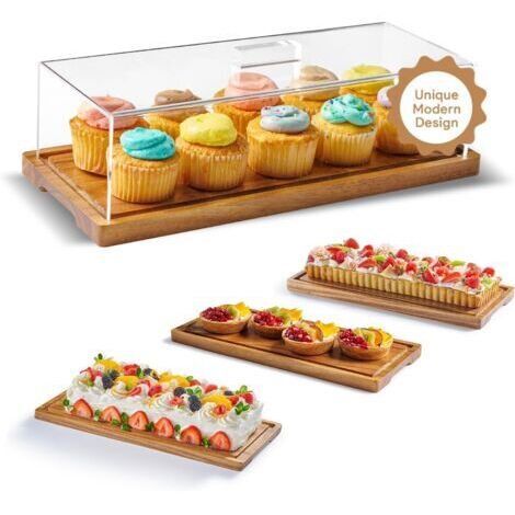 Présentoir à gâteaux avec couvercle – Présentoir à desserts en bois d'acacia et planche à charcuterie en bois pour gâteaux, pain, pâtisseries, fromage, grand plateau rectangulaire en bois, 15 x 6,25 p