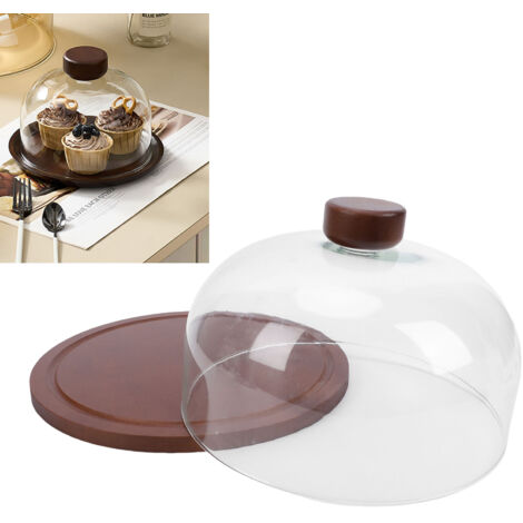 Présentoir à gâteaux en bois avec couvercle en verre, plateau rond de service pour charcuterie, desserts et fruits, idéal pour les mariages, les fêtes et les réunions de famille.
