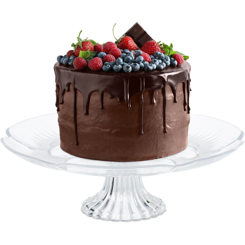 Présentoir à gâteaux, en plastique, plateau avec socle, aussi pour fruits, h x d : 10 x 29 cm, transparent - Relaxdays