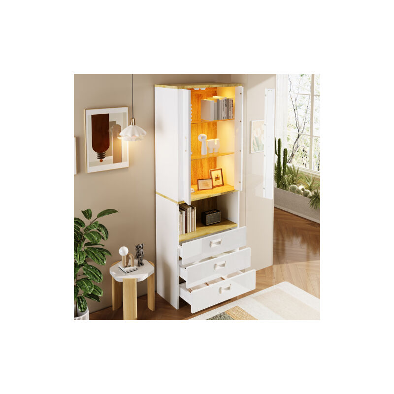 Présentoir de 181,5 cm de haut, façade blanche brillante, armoire à porte en verre transparent, avec éclairage led réglable, design moderne pour