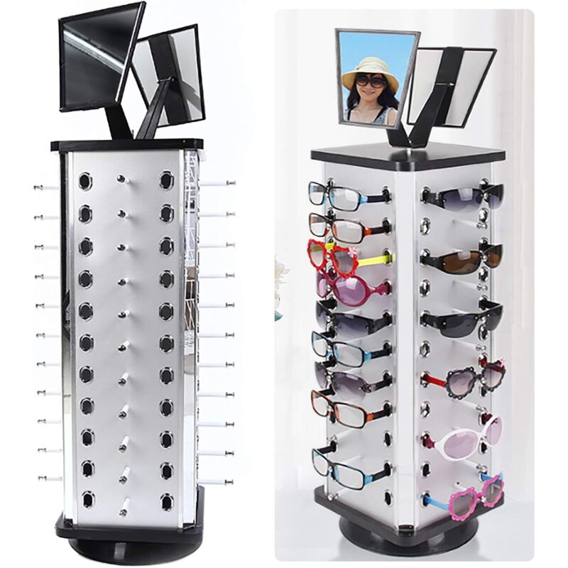 Présentoir de lunettes de soleil rotatif à 360° 44 paires de lunettes avec miroir, présentoir de lunettes de soleil, stand de comptoir, organisateur