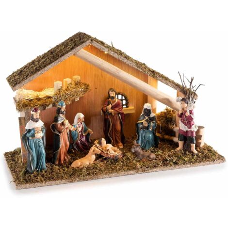 Presepe da Tavolo con Capanna, Muschio e Luci Led - Altezza 23 cm - Idea Regalo