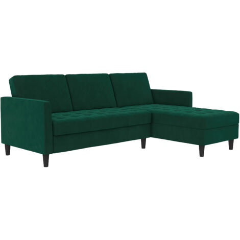 Presley-Canapé-lit 3 places avec chaise longue en velours vert foncé