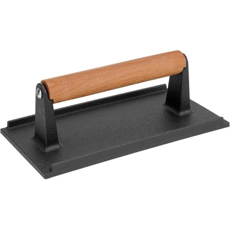 Pressa per bistecche in ghisa, utilizzabile per preparare hamburger e panini grigliati.