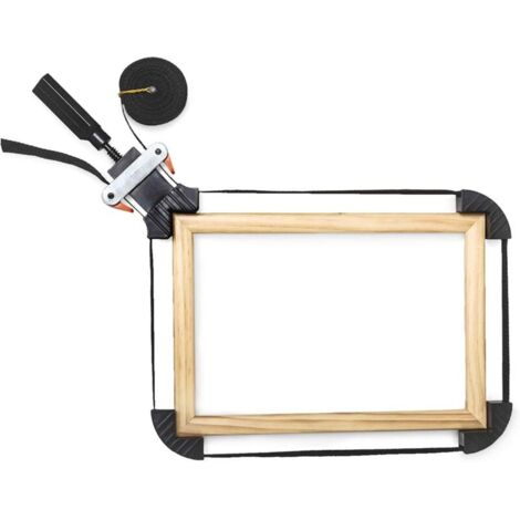 Presse à cadre noir de dimensions 3 x 10 x 28 cm, avec mâchoires de serrage et sangle de 2 m.