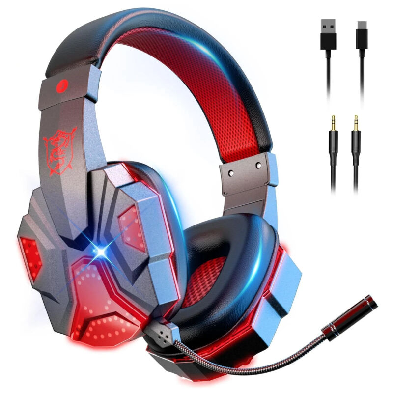 LIFCAUSAL - Casque Gaming Sans Fil SYGTA Double Mode avec LED - Compatible PS4/PS5/PC/Switch - Pour Enfants et Adultes (Rouge)