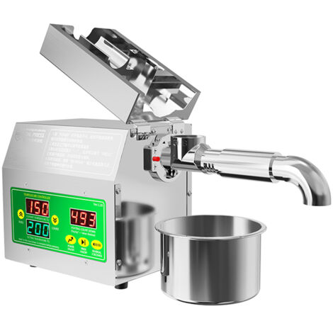 Presse à huile électrique 820 W, modes de pressage à chaud et à froid, en acier inoxydable, thermostat intelligent 40-240 °C, pour usage domestique et professionnel.