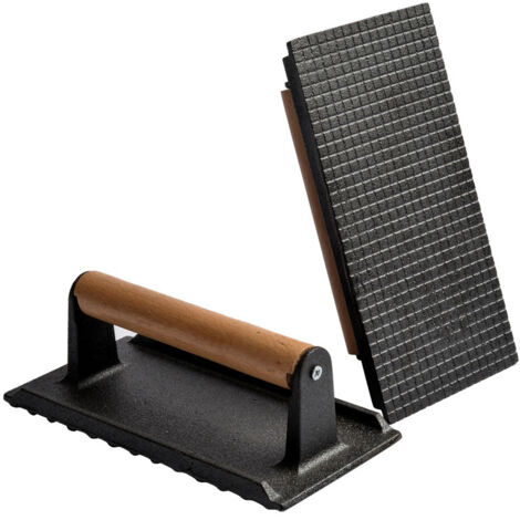 Presse à steak en fonte avec revêtement antiadhésif, presse à bacon plate avec manche en bois, accessoires pour plaques de cuisson, barbecues extérieurs et paninis.