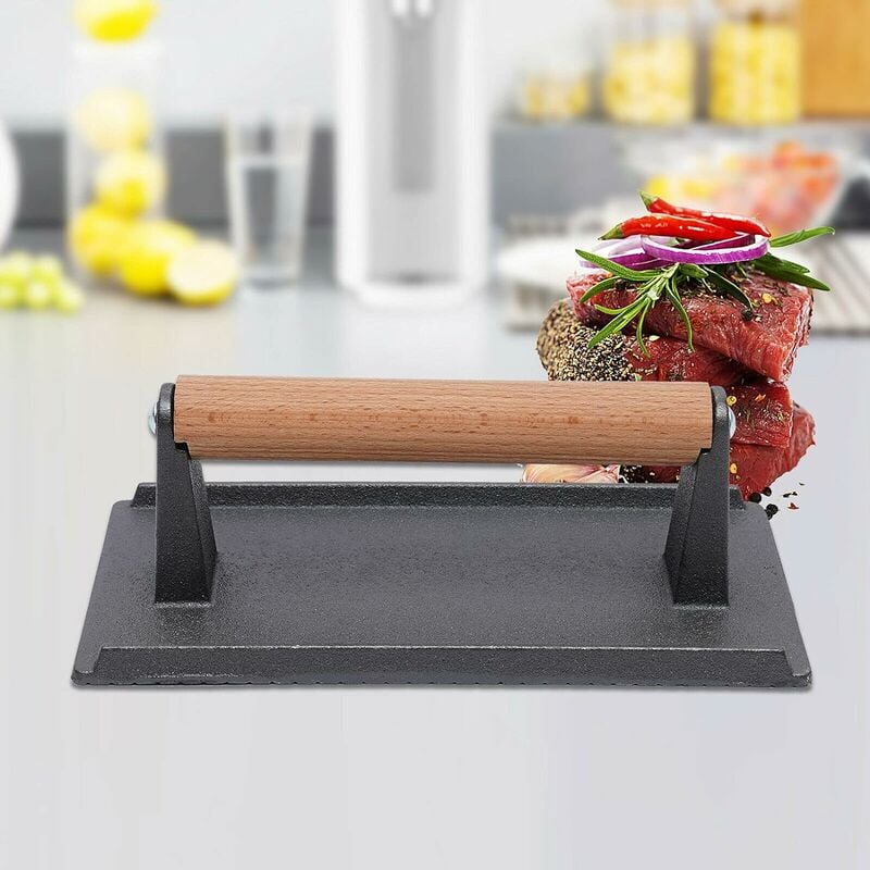 Presse à steak manuelle en fonte, 21 cm de côté, spatule plate pour steak grillé et spatule oblique, idéale pour le bacon, les burgers, les sandwichs