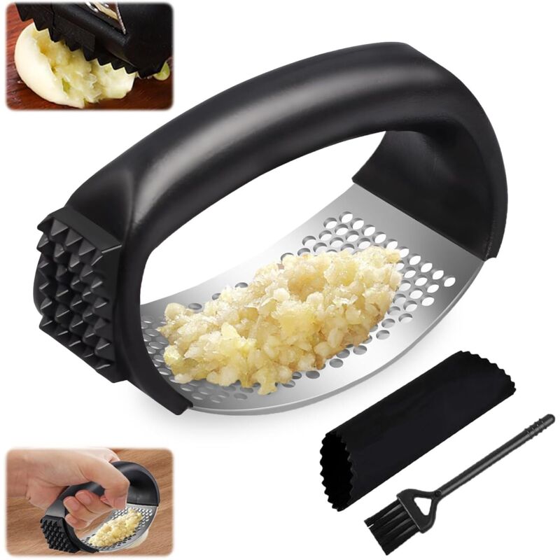 Presse Ail, Presse-ail, Presse ail en Acier Inoxydable, Presse à ail manuelle en acier inoxydable, avec Épluche-ail en Silicone et Brosse Nettoyante,