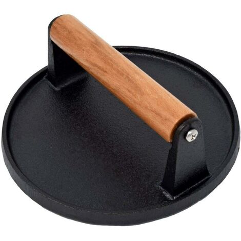 Presse hamburger en fonte antiadhésive - Presse burger steak haché résistante avec poignée en bois Cool Touch - Presse steak haché striée pour faire des marques de cuisson parfaites et presser