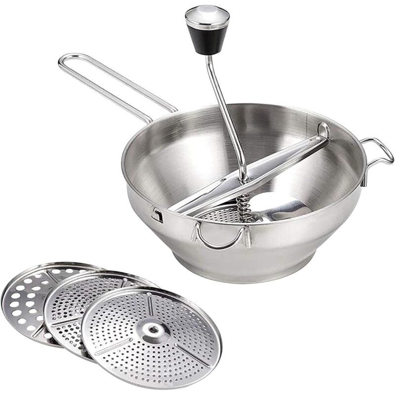 Presse-Légumes Manuel en Acier Inoxydable, Broyeur de Légumes, Broyeurs de Pommes de Terre pour Mélanger Les Légumes, Fruits, Soupes, avec 3 Grilles