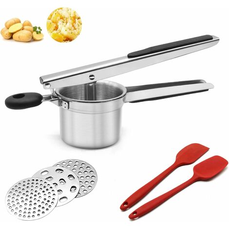 Presse purée, Presse Pomme de Terre en Acier Inoxydable avec 3 Disques Interchangeables pour Légume à Fruits et Aliments pour Bébés, Facile à Utiliser et à Nettoyer（avec spatule）