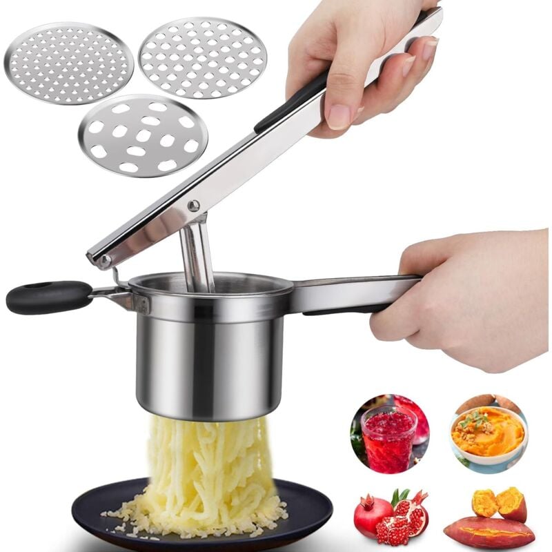 Presse-purée, Presse Purée Manuel à Pommes de Terre avec 3 Disques Interchangeables, Professionnel Presse Purée Manuel en Acier Inoxydable, idéal