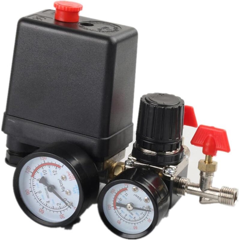 Pressostat de Compresseur d'Air G1/4' 220V 4 Port Régulateur de Collecteur de Soupape de Sécurité avec Double Manomètre Accessoire d'Outil Pneumatique