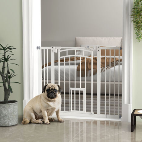 Pressure Fit Stair Gate Dog Gate w/ Small Cat Door, Auto Closing System, Double Locking, Openings 74-100cm - White