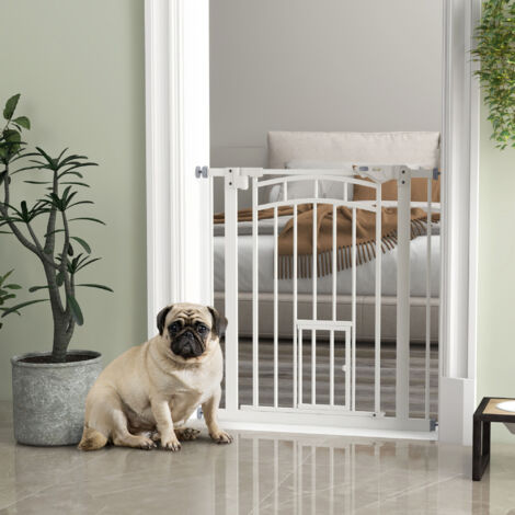 Pressure Fit Stair Gate Dog Gate w/ Small Cat Door, Auto Closing System, Double Locking, Openings 74-80cm - White