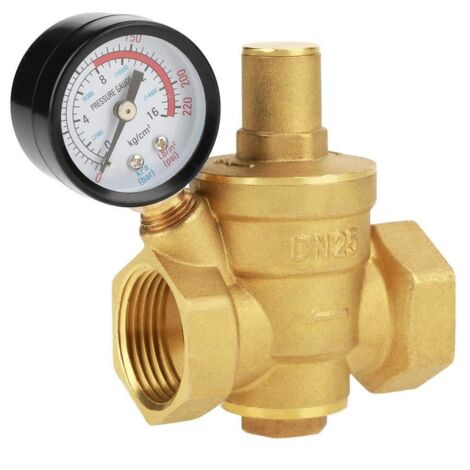 Pressure Regulator, DN25 Adjustable Brass Durable Water Pressure Reducing Regulator Reducer + Metric Gauge (1.6MPa)