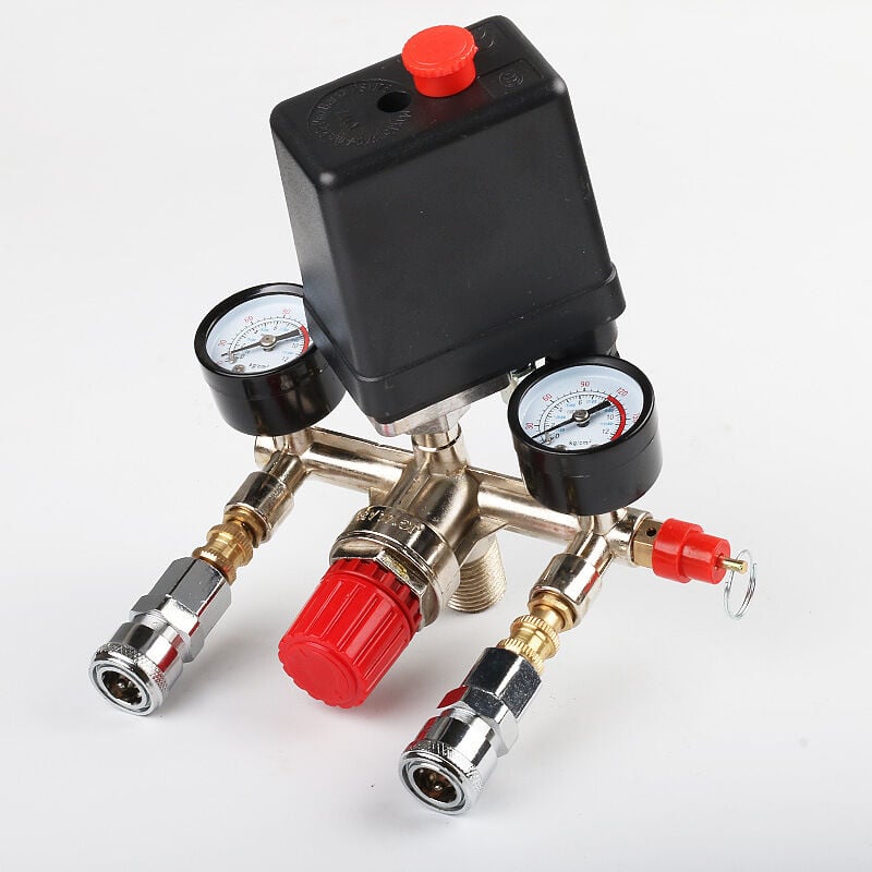 Pressure Switch Manifold Regulator for Air Compressor, Metric 175PSI Adjustable Double Outlet Tube Control Valve