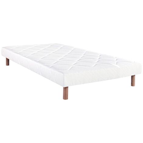 PRESTON - Sommier Tapissier 90x190 Blanc Pieds Bois massif