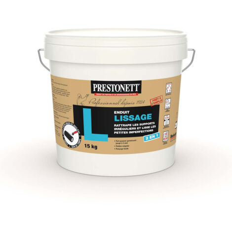 Prestonett – Enduit de lissage 15 kg – Finition blanche en pâte – Rattrapage jusqu'à 5 mm – Application entre 8°C et 35°C – Pour intérieur