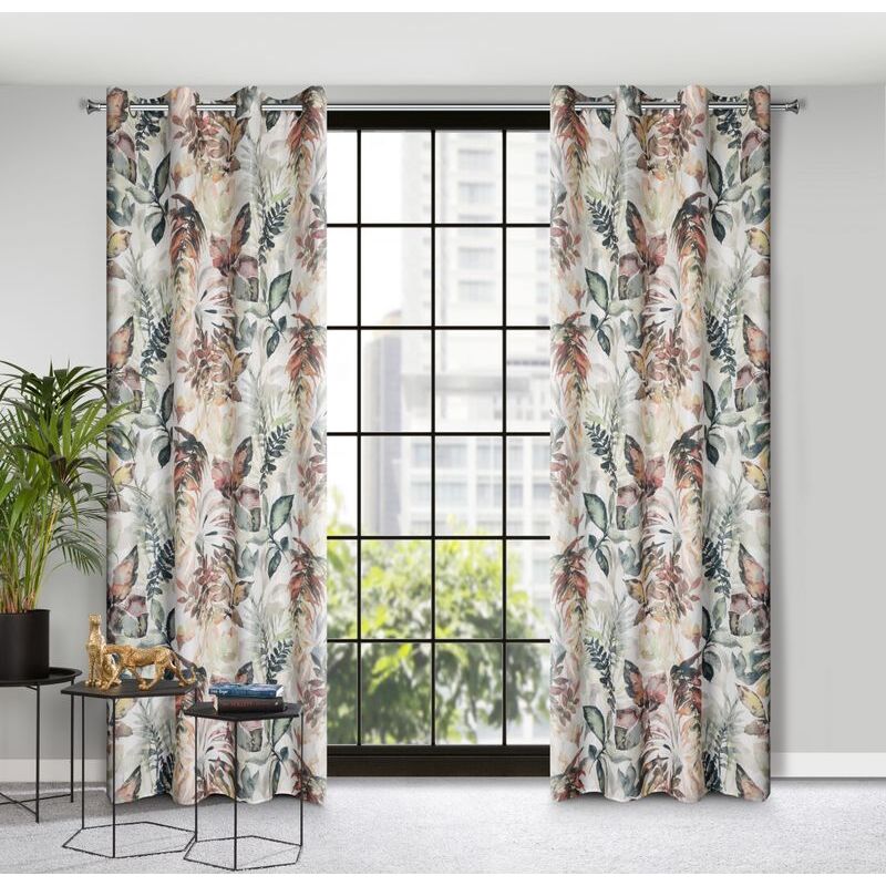 Rideau 140x250 Adeline, blanc, acier, avec imprimé feuilles, en microfibre légère, prêt avec oeillets Eurofirany