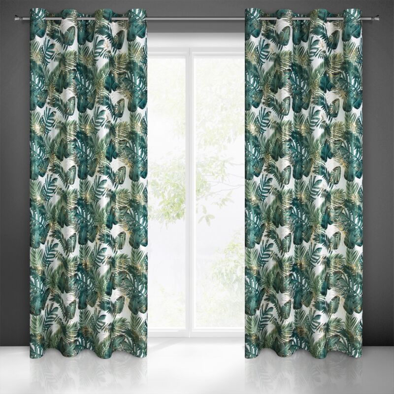 Rideau 140x250 Davos blanc vert feuilles de monstera velours doré prêt à oeillets Eurocurtains