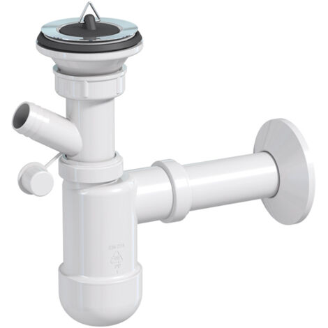 Prevex Preloc Basic Siphon für Waschbecken ø32 mm Anschluss an Waschmaschine Metallsieb Gummistopfen Abflussrohr mit Rosette