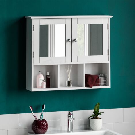 main image of "Priano 2 Door Bathroom Cabinet With 3 Shelves Mirrored Wall Mounted Cabinet, White"