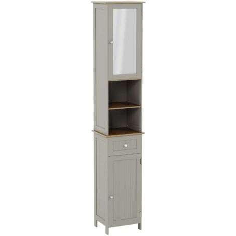 Priano 2 Door Tallboy Freestanding Mirrored Bathroom Cabinet Cupboard, Grey-&-Oak