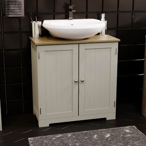 Priano 2 Door Under Sink Cabinet Bathroom Cupboard Storage Unit, Grey-&-Oak