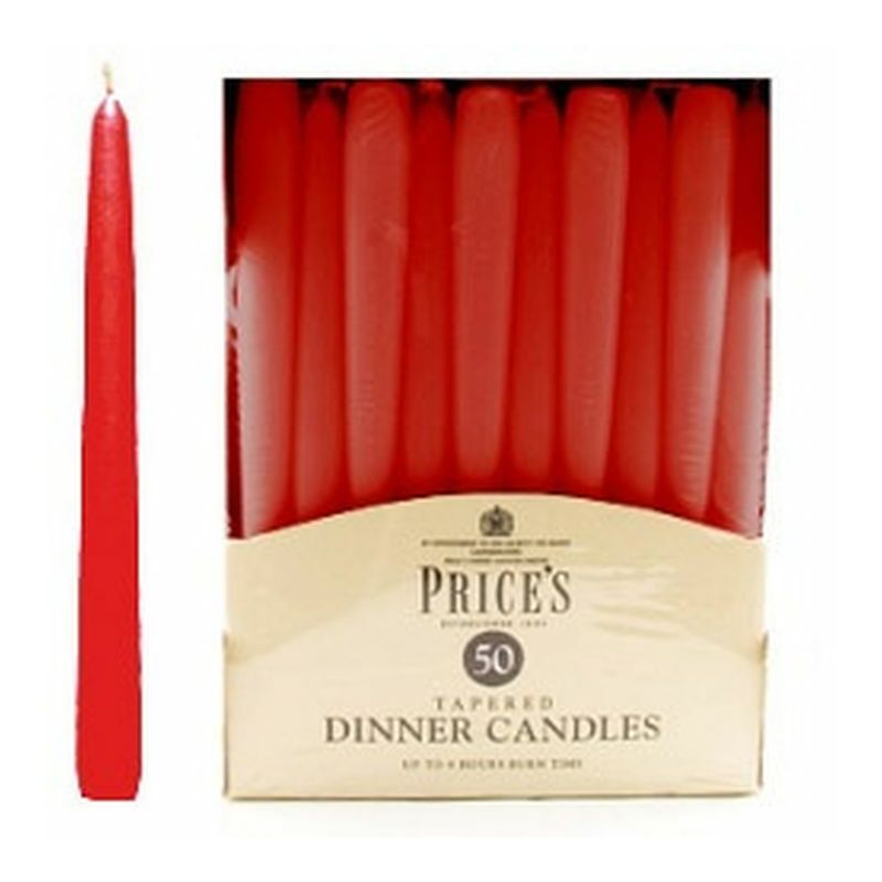 Price's Candles - Tapered Dinner Candle Unwrapped 50 Pack Red - TDC005005