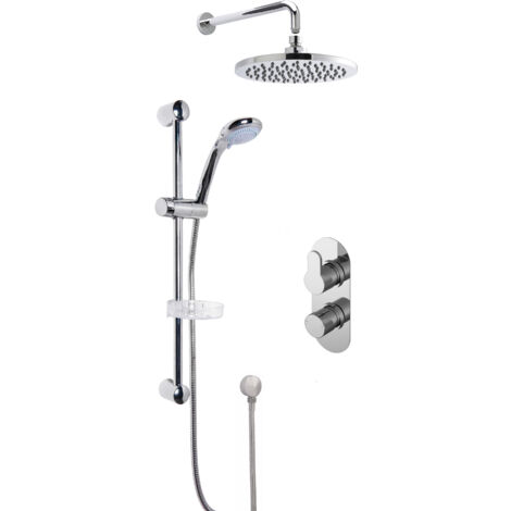 Pride Concealed Round Twin Valve with Multi Function Slide Rail Kit, Arm & Head Shower Bundle - Chrome - Balterley