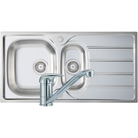 Prima 1.5 Bowl Kitchen Sink with Sink Tap and Waste Kit 965mm L x 500mm W - Stainless Steel