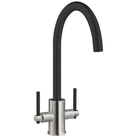 Prima Coloured Swan Neck Dual Lever Kitchen Sink Mixer Tap - Black/Brushed Steel