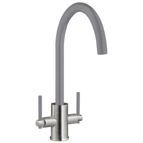 Prima Coloured Swan Neck Dual Lever Kitchen Sink Mixer Tap - Grey/Brushed Steel