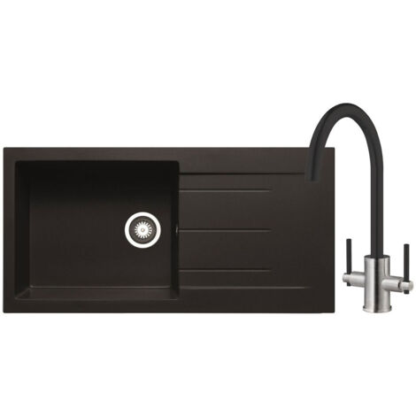 Prima+ Granite 1 Bowl inset Kitchen Sink With Swan Neck Mixer Tap Pack 1000mm L x 500mm W - Black