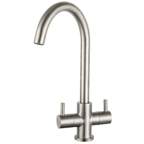 Prima Staten Swan Neck Dual Lever Kitchen Sink Mixer Tap - Brushed Steel
