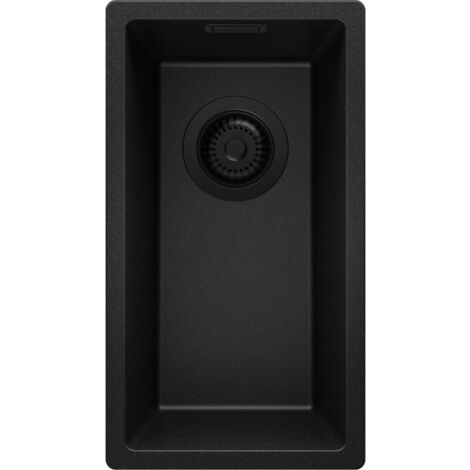 PRIMAGRAN Evier Cuisine en Granit 26x47cm, Lavabo 1 bac + Kit de Vidage, Évier à Encastrer au meuble 30cm - London Slim, Tout Noir