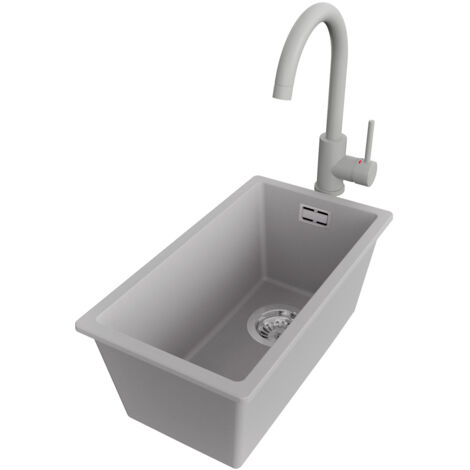 PRIMAGRAN Evier Cuisine en Granit 26x47cm,Lavabo 1 bac + Robinet 32x20cm + Kit de Vidage, Évier à Encastrer au meuble 30cm - London Slim, Gris