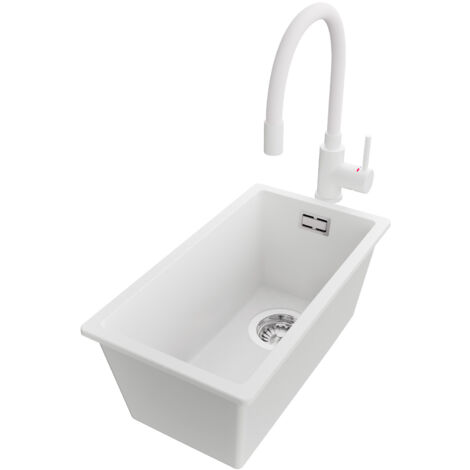 PRIMAGRAN Evier Cuisine en Granit 26x47cm,Lavabo 1 bac + Robinet 38x14cm + Kit de Vidage, Évier à Encastrer au meuble 30cm - London Slim, Blanc