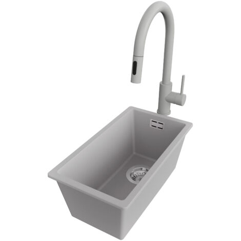 PRIMAGRAN Evier Cuisine en Granit 26x47cm,Lavabo 1 bac + Robinet 40x20cm + Kit de Vidage, Évier à Encastrer au meuble 30cm - London Slim, Gris