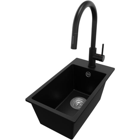 PRIMAGRAN Evier Cuisine en Granit 28x50cm, Lavabo 1 bac + Robinet 40x20cm + Kit de Vidage, Évier à Encastrer au meuble 30cm - Riga, Noir
