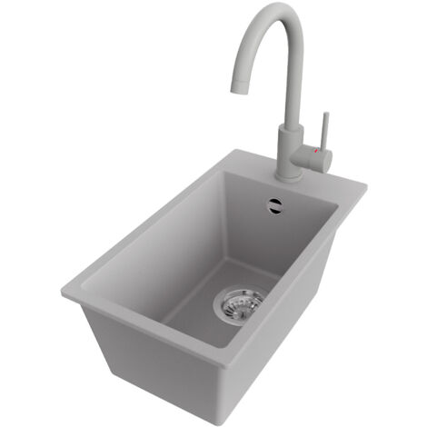 PRIMAGRAN Evier Cuisine en Granit 28x50cm,Lavabo 1 bac + Robinet 32x20cm + Kit de Vidage, Évier à Encastrer au meuble 30cm - Riga, Gris