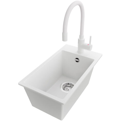 PRIMAGRAN Evier Cuisine en Granit 28x50cm,Lavabo 1 bac + Robinet 38x14cm + Kit de Vidage, Évier à Encastrer au meuble 30cm - Riga, Blanc
